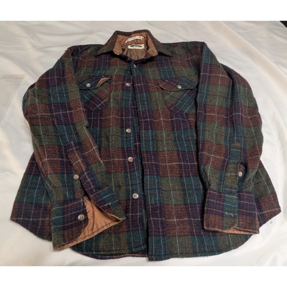 Shelter Bay by Arrow Wool Flannel Shirt Jacket Mens Green Brown Plaid Vintage